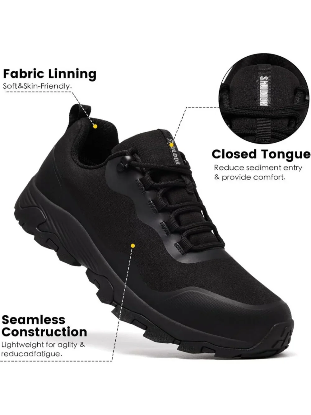Men's Black Trekking Shoes Low Top Round Toe Non Slip Zipper Hiking Boot
